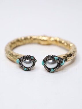 Bohemian Hammered Gold Cuff Bracelet - Faux Pearl & Turquoise Accents - Hinged